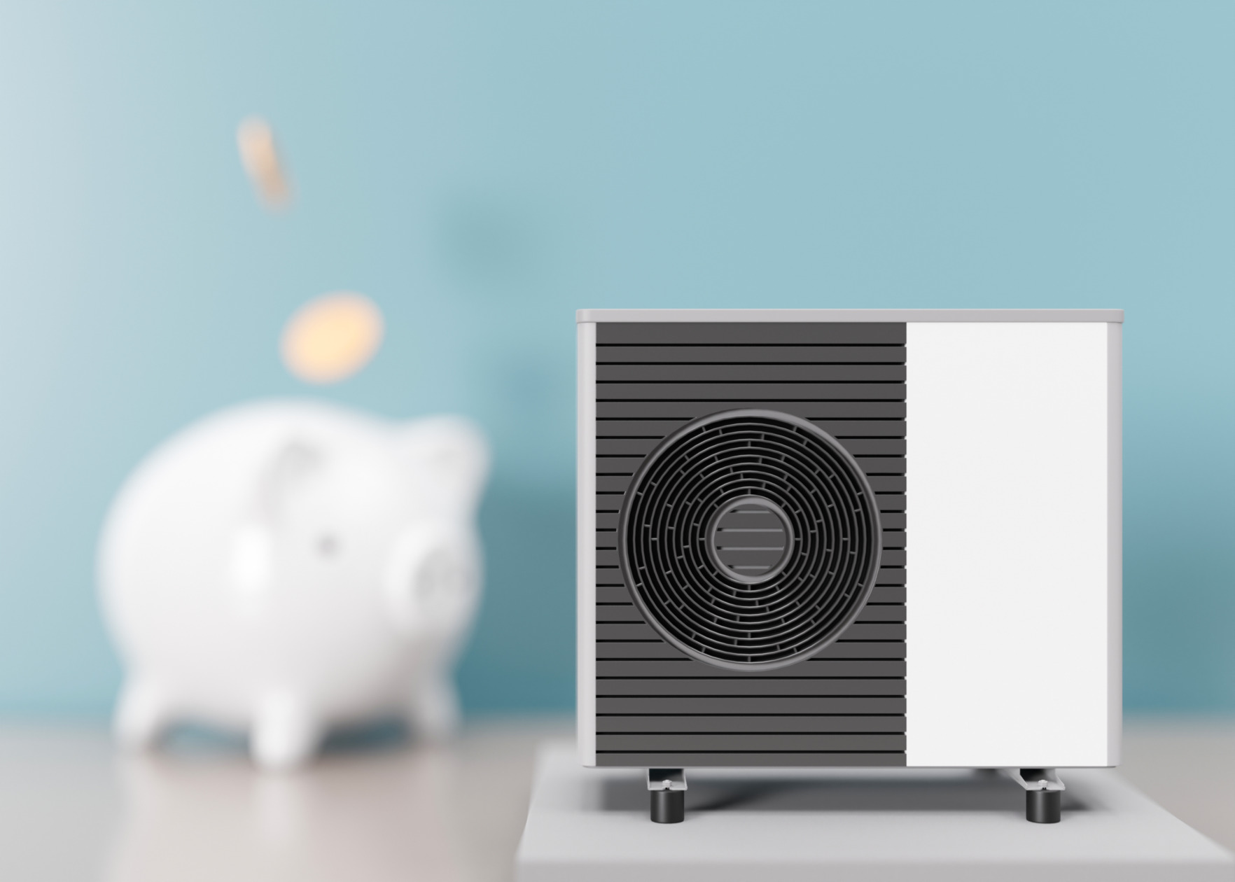 Air Heat Pump And Piggy Bank On Blue Background Modern Environmentally Friendly Heating Save Your Money With Air Source Heat Pump Free Copy Space For Your Text Advertising 3d Render Air heat pump and piggy bank